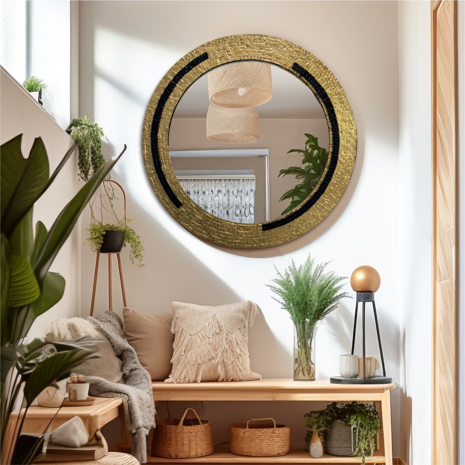 Elegant Wall Mirror with Gold-Plated Stone Accents for Office Spaces